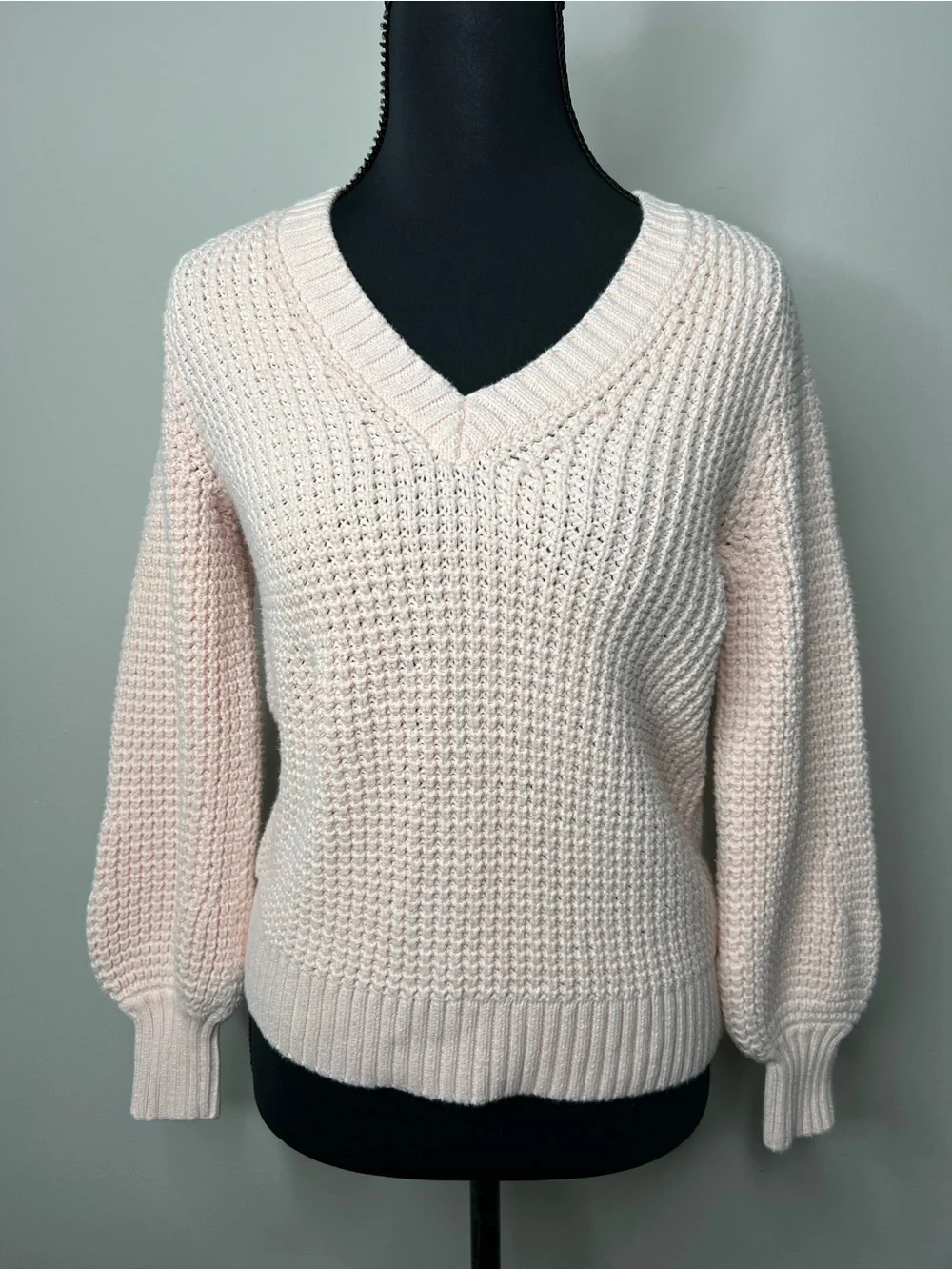 J.Crew Factory Textured Cotton V-Neck Sweater Shaker Knit Pink Balloon Sleeve
